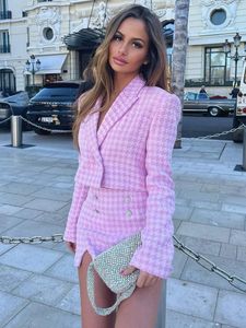 Calças femininas de duas peças shorts conjunto de roupas elegantes houndstooth tweed conjunto cortado blazer e cintura alta skort falso bejeweled botão 2 terno 231114