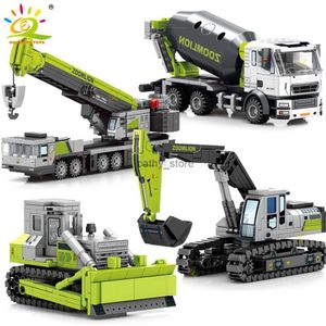 Bloklar Huiqibao Toys Mühendislik Kamyonu Bina Bloklar Vinç Buldozer Eksavator Otomobil Şehir İnşaat Moc Tuğlaları Çocuklar İçin Set Kidsl231223