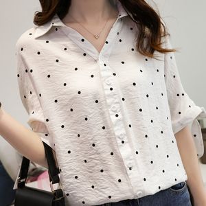 Kadınlar bluz gömlekleri gevşek kadınlar 4xl beyaz bluz tunik gömleği polka nokta şifon blusas feminina yay artı boyutu kadın üstleri düşen omuz kol 230414