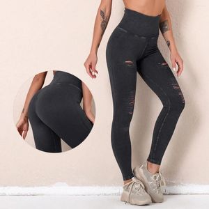 Leggings da donna Pantaloni da yoga lavati transfrontalieri europei e americani con fori scavati Sport a vita alta senza cuciture tagliati