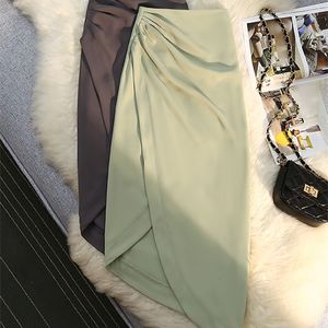 Kjolar syiwidii ​​veckade slits kjolar för kvinnor elegant lady midi kjol vår sommar koreansk vintage kontor knä längd grön kjol 230414