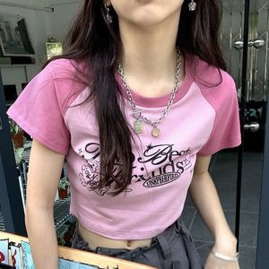 Женская футболка Deeptown Y2K Retro Pink Tshirts Корейскую уличную одежду.