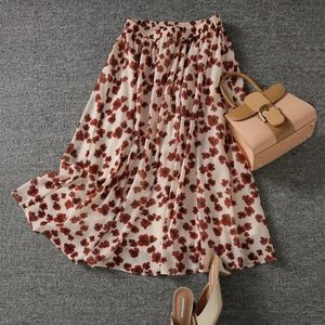 スカートピンクの花柄のシフォンエラスティックハイウエストルーズアインズスカート韓国ファッション女性用エレガントなミッドカーフスカートスプリング230414