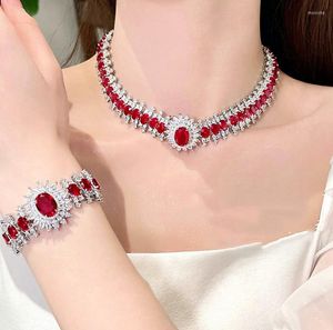 Choker Luxury Red Zircon Brudhalsband CZ Cubic Zirconia Wedding Armband för brudar Tillbehör Kvinnor Party Evening Dress Smycken