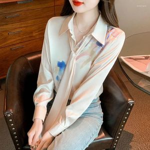 Women's Blouses Ribbon Silk Women Shirt Long Sleeved Blouse Bow Printed Satin Womens Tops Elegant And Youth OL Clothing