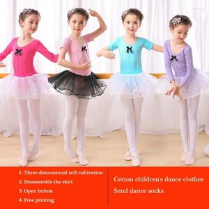 Traje temático-dança trajes de aniversário curto manga longa meninas corpo chinês prática roupas algodão classificação crianças ballet saia