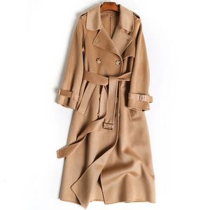 Misturas de lã feminina primavera outono casacos de lã de pele real trench moda feminina cashmere outerwear cinto longo s8755 231113