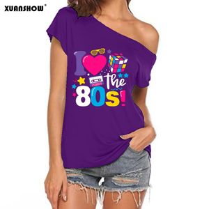 Damen T-Shirt XUANSHOW Sommer I Love the 80s Emotional Element T-Shirt Sexy Off Shoulder Tops Kurzarm T-Shirt mit Buchstaben bedruckt 230414