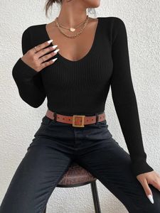 Womens Sweaters Autumn Winter Women Solid Rib Knit V Neck Stripe Pull Sweater Femme Y2k Long Sleeve Pullover Jersey Tops Fashion Clothes 231113