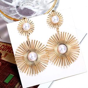 Orecchini pendenti Lampadario Boho Lungo Accessori donna Vintage Sun Flower Simulato Orecchini di perle Statement Jewelry Party Pendientes Mujer