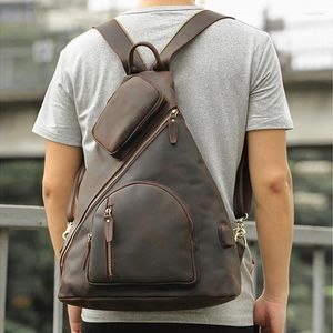 Backpack Leather Single Shoulder Sling Bag Big Size Chest Pack For Men Male With USB Cable Charging Connector