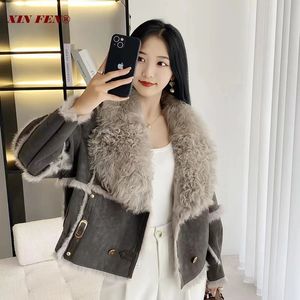 Womens Fur Faux Inverno Mulheres Jaqueta De Couro Verdadeiramente Naturalmente Coelho Forro De Pele De Carneiro Pescoço Curto Casaco Vendendo Lnternet Celebridade Estilo 231113