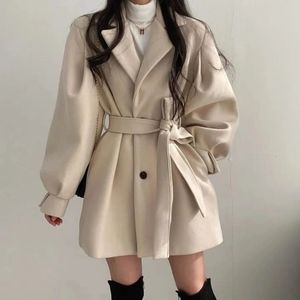 Mulheres de couro falso mulheres de lã laceup trench coat com bolsos turndown colarinho botões manga longa traf casaco outono inverno 231113