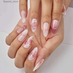 False Nails 10PCS Almond Glitter Press On Nails French Butterfly Style Fake Nails with Rhinestone Glossy Reusable False Nails Dropshipping Q231114