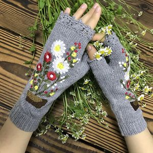 Five Fingers Gloves Fashion Womens Autumn Knitted Handmade Embroidery Embroidered Sun Flowers Mid Long Half Finger Warm Wool Winter 231114