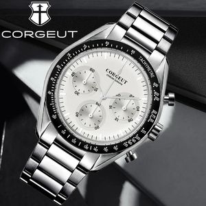 Armbandsur Corgeut VK63 40mm Steel Fashion Luxury Mens Watch Quartz Movement Mineral Glass For Man Waterproof Night Light Tachymetre 231114