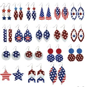 Dangle Chandelier PU Leather Independence Day Earrings American Printed Flag Pentagram Water Drop Mtilayer Charm 18 Styles Dhgarden Dhpyw