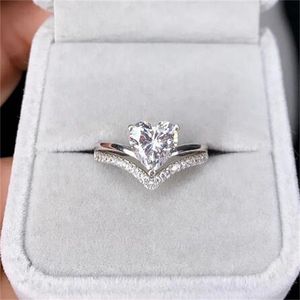 Delicada cor de prata de prata Branca Stones de coração anéis para mulheres noivado de noiva de moda Conjunto de jóias GC2036
