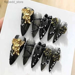 False Nails Handmade Rose Angel Gothic Style Press On Nail Coffin Fake Nail With Glue Custom Reusable False Nails Tips Art Manicure Salon Q231114