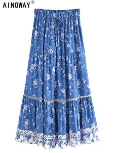 Kjolar vintage chic kvinnor blommor tryck sommar elastisk midja pleasted boho kjol rayon bomull bohemisk strand a-line maxi kjolar 230414