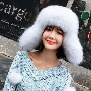 Hattar Trapper Hats 100% Real Fox Fur Hats Kvinnors ryska Ushanka Trapper Snow Skiing Hat Caps Earflap Winter Raccoon Fur Bomber Hat 231