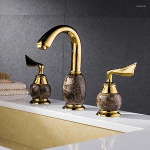 Bathroom Sink Faucets Gold Brass Three Hole Two Handle Faucet Top Quality Cold Lavabo Golden Luxury Marble Wash Basin