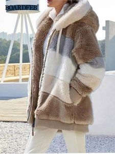 Kadın deri sahte bulanık pozzy ceket kapüşonlu fermuar renk blok yumuşak tam rahat kürk patchwork uzun kollu dış giyim paltoları ile 231113