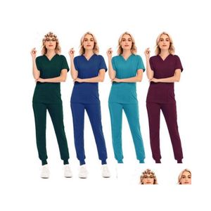 Women'S Two Piece Pants Womens Solid Color Spa Threaded Clinic Work Suits Tops Unisex Scrub Pet Nursing Uniform Drop Delivery Appare Dhdcq