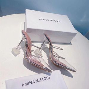 Amina Muaddi Düğün Sandalet Gelin Kristal Rhinestones Tasarım PVC Bayan Terlik Stiletto Pompalar Lüks Marka Moda Tasarımcısı Şeffaf Slaytlar Yüksek Topuk