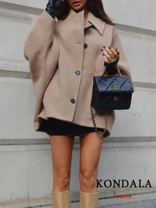 Women's Wool Blends KONDALA Casual Vintage Chic Women Overcoat Camel Solid Pockets Single Breasted Short Loose Coat Fashion Autumn Winter Coat 231114