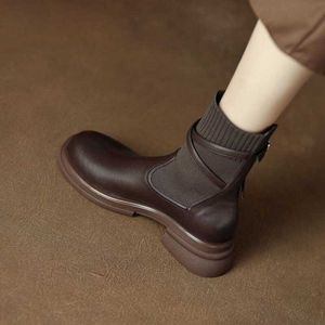 Botas Juxian Meias Finas Mulheres Outono/Inverno Novo Marrom Grosso Sola Salto Curto