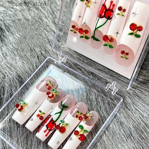 False Nails Handmade Y2K 3XL Full Cover False Nail Tips Cherry Flower Rhinestone Press On Nails Reusable XXL Long Fake Nail With Glue Gift Q231114