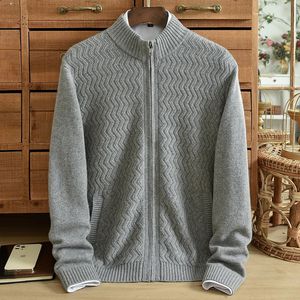 Män s tröjor Vinter dubbelsträngar förtjockad kashmir Cardigan Pure High Neck dragkedja Jacquard stor ficka 231114