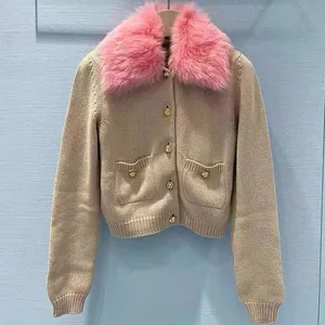 Luxury winter wear miu-m pink fur collar cardigan sweater jacket women's high-end knit top winter