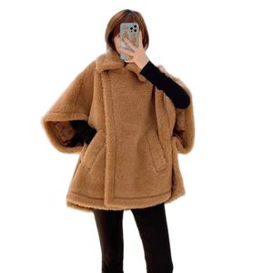 Women's Leather Faux Leather Teddy Bear Shawl Jacket Female Autumn Winter Camel Jacket Gray Sheep Wool Coat Lapel Short Alpaca Silk High-end Fashion Overcoat 231113