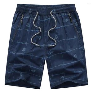 Shorts masculinos puro algodão homens praia casual verão cintura elástica cordão zíper bolso impressão moda solta tamanho grande azul esporte