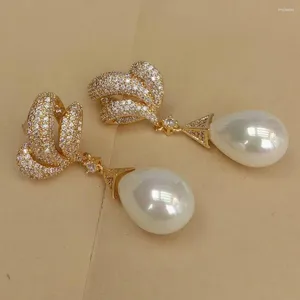 Dingle örhängen kkgem 13x18mm Sea Shell Pearl Gold Plated CZ Pave Stud Drop Gifts