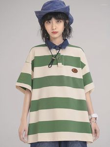 Women's T Shirts Harajuku Striped Shirt Women Short Sleeve Top Female Oversize Tshirt Polo Collar Ladies Fashion Preppy Style Tees Summer