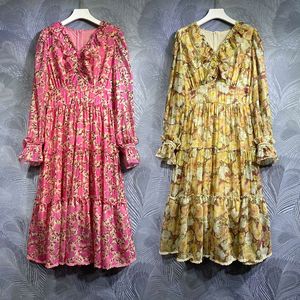 Casual Dress V-neck Silk Cotton Floral Print Skirt, Autumn New Lantern Sleeves, Waist Up, Showing A Slim Temperament Long Skirt