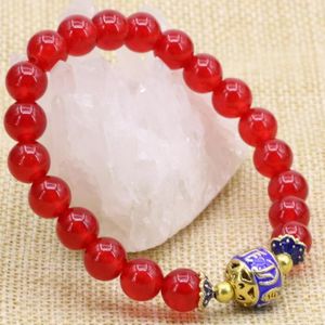 Strand Natural Stone Red Chalcedony Jades 8mm runda pärlor Bangle-armband för kvinnor Guldfärg Cloisonne Eleganta smycken 7.5-tum B3167