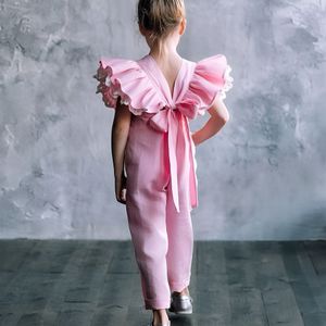 Pink Children Summer Clothes Toddler Girls Jumpsuits barn övergripande ruffle hylsa romper jumpsuit playsuit bow kläder 6 7 8 9 10y