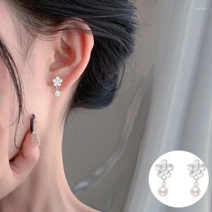 Dingle örhängen 925 Sterling Silver Pearl Flower Earring for Women Girl Small Plant Geometric Ball Design Jewelry Party Gift Drop