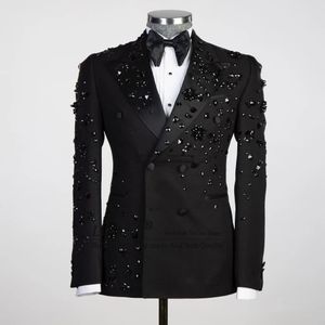 Erkekler Blazers lüks metal süslenmiş erkekler çentikli yaka damat smokin düğün pantolon pantolon kıyafeti terno maskulino completo 231113