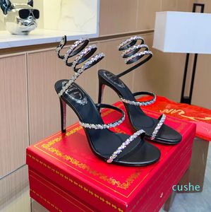 2023 Sandaler Crystals Gem utsmyckade klackar Evening Shoes Women High Heeled Luxury Designers Party Wraaround Dress Shoe 35-43