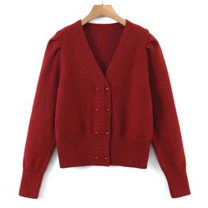 Women's Knits Tees Autumn Good Quality Womens Plus Size Casual Clothing Winter Puff Sleeve Slim Jumpers V-Neck Double Breasted Cardigan Sweaters 231114