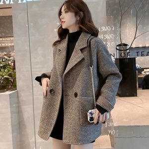 Mulheres de couro falso coreano mistura de lã casacos feminino único breasted casaco de lã outono inverno solto casual cashmere jaquetas outerwear 231113