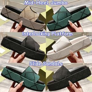 Designer Mid-heel Womens Sandals Jumbo Interlocking Platform Slide Black Beige Green Ebony Cream Mens Beach Fashion Summer Slippers Outdoor Women Flats i storlek 35-44