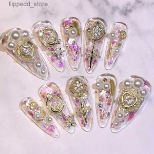 False Nails Luxury Glitter Rhinestone Pearl Full Cover False Nails Tips Handmade Long Stiletto Coffin Acrylic Fake Nail With Glue Manicure Q231114