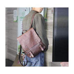 Backpack Men Leather Vintage For Teenager Laptop Pc Portable Bags Designer Boys Travel Thin School Luxury Mochila Drop Delivery Lage Dh1Hk