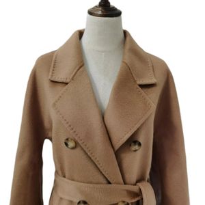 Women's Wool Blends High-end Woman Wool Coat Mid-length Cashmere Coat Autumn Winter Water Ripple Gray Camel Coat Caramel Color Button Belt Hand-sewn 231114